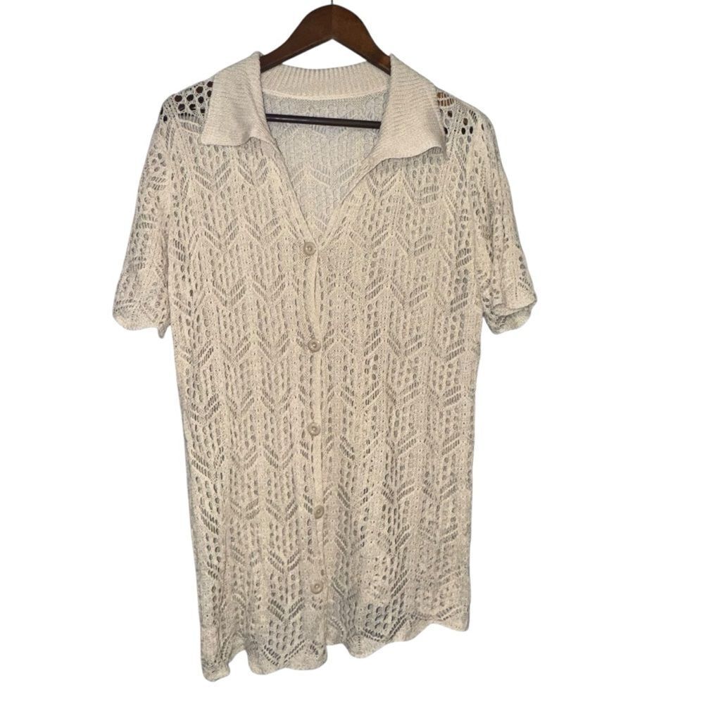 Cream Crochet Knit Button Down Collared Dress Or … - image 1